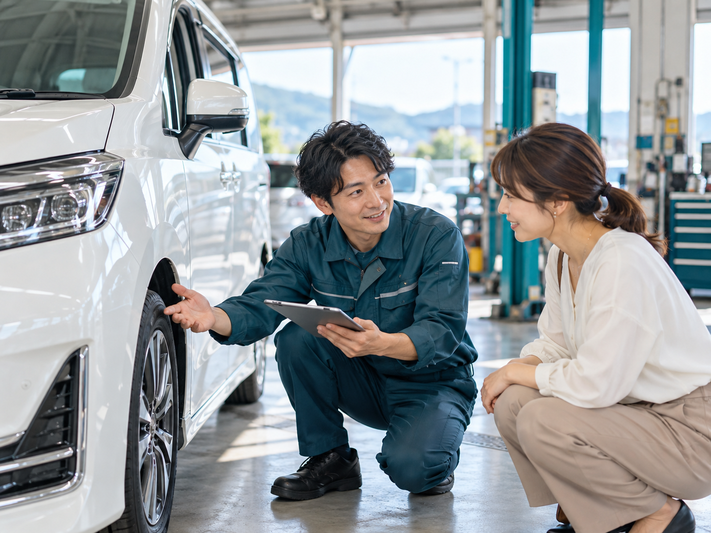 車のメンテナンスについて相談する様子